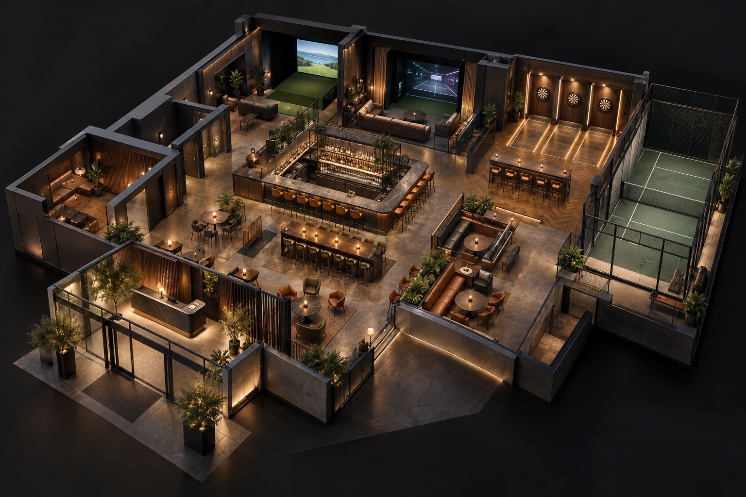 Illustrative activity venue with a welcome desk, bar, social seating, activity bays, darts and a court
